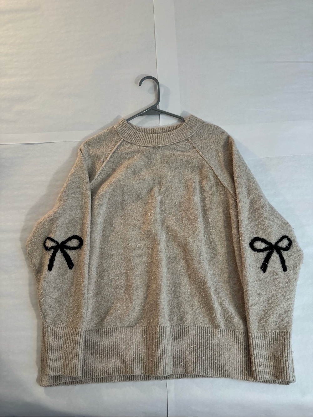 Beige Crewneck Sweater with Black Bow Details